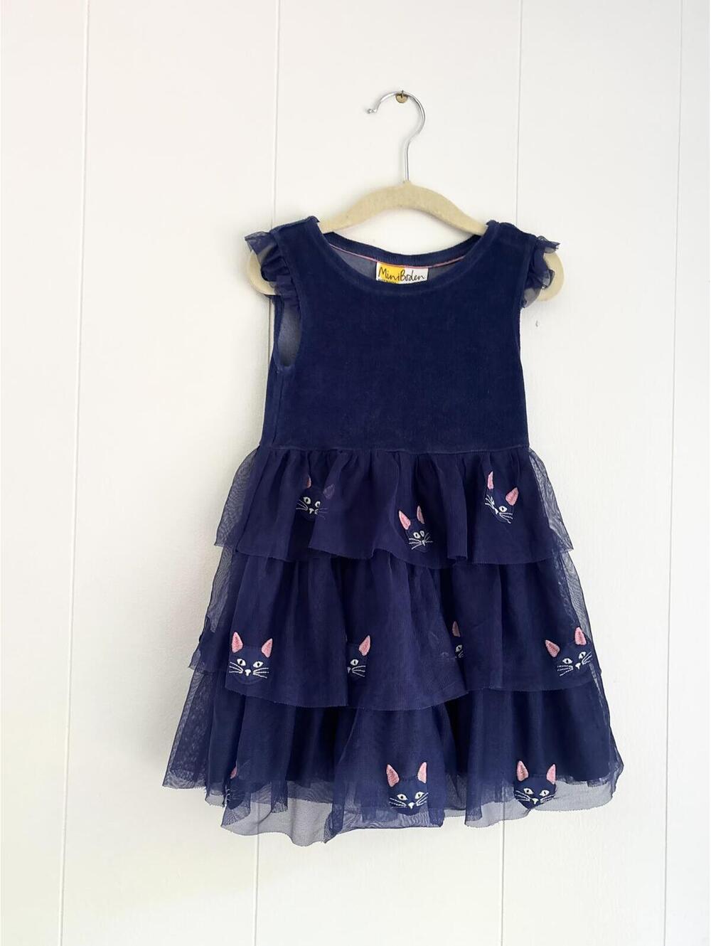 Mini Boden Navy Blue Cat Tulle Dress Girls 3-4Y 104cm Tiered Party